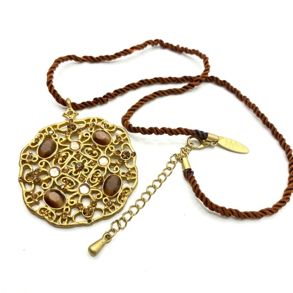 NY Statement Necklace Pendant Sparkly Rhinestone On Brown Silk Cord - Picture 6 of 8